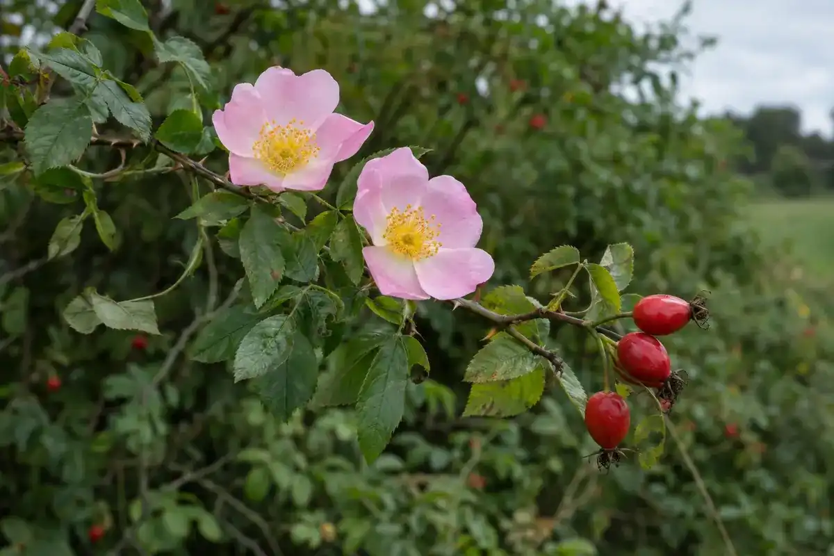 Hondsroos met twee lichtroze enkele bloemen en een paar rode bottels aan een boogvormige tak (impressie)
