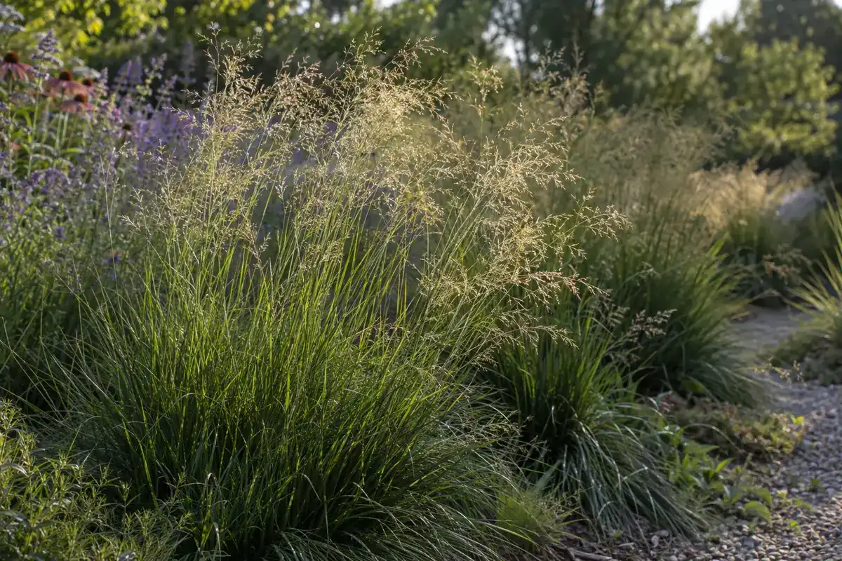 Ruwe smele in een border in juli, met wolken fijne goudgroene pluimen boven donkergroene pollen (impressie)