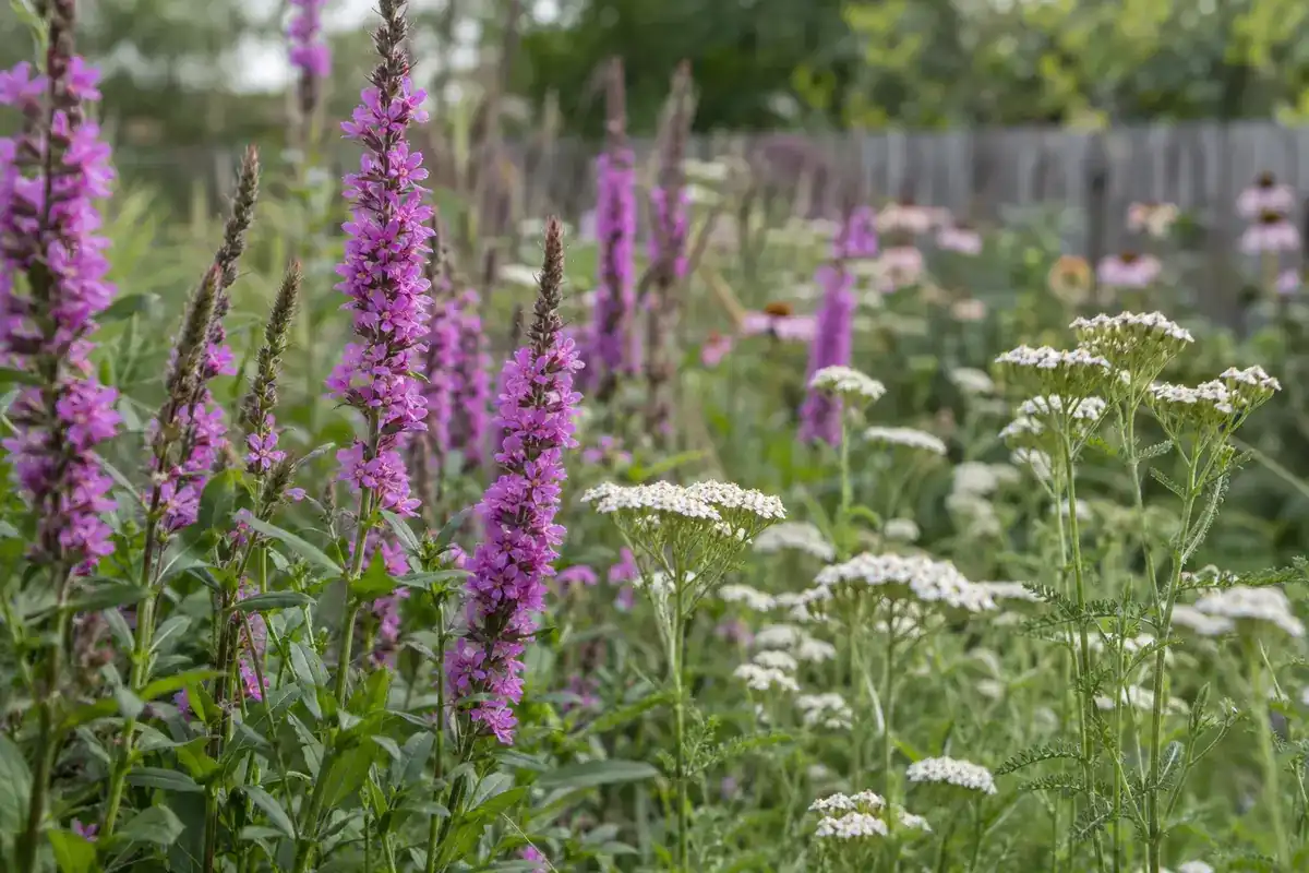 Paarse bloeiaren van grote kattenstaart en witte schermen van duizendblad in een border (impressie)
