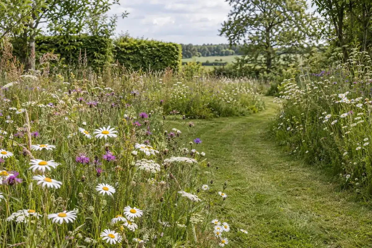Strook bloemenweide in een tuin met margrieten, knoopkruid en wilde peen, en een gemaaid graspad erdoorheen (impressie)