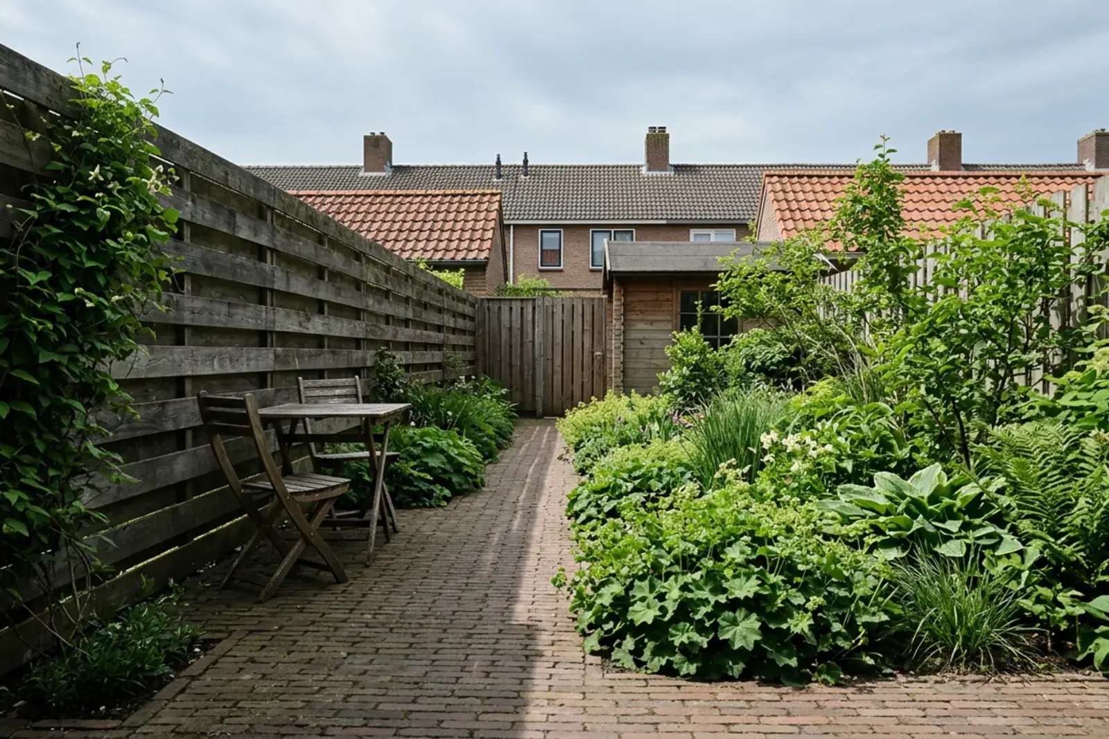 Nederlandse achtertuin achter een rijtjeshuis, met de schaduw van de schutting schuin over het klinkerpad en de border