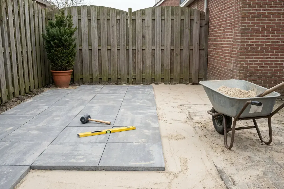 Half gelegd terras van grote grijze tegels op een zandbed, met rubberen hamer, waterpas en kruiwagen