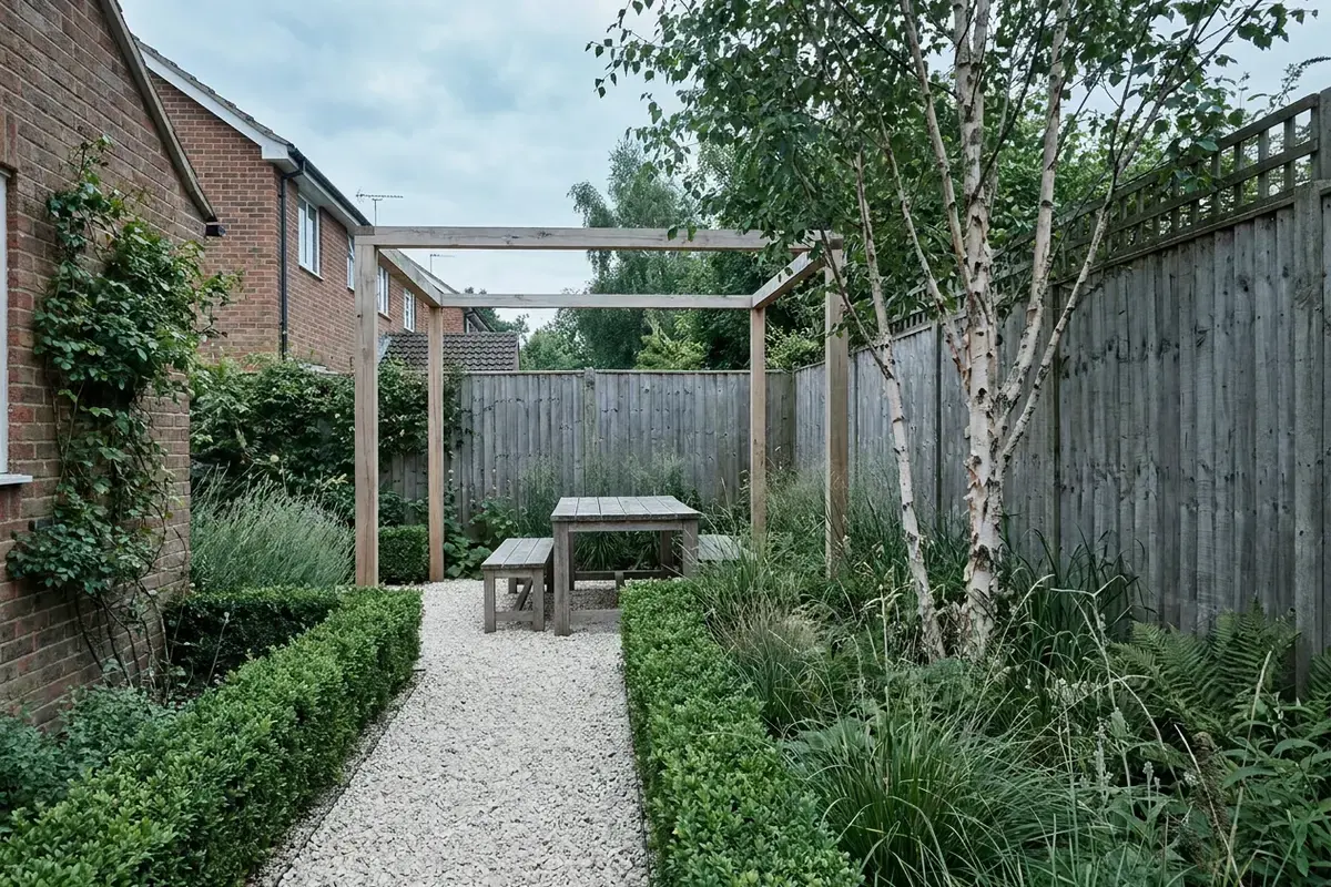 Grindpad tussen lage haagjes naar een houten tafel onder een pergola, met een meerstammige berk