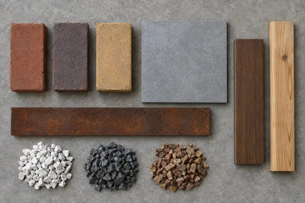 Materiaalmonsters op een betonvloer: drie kleuren klinkers, een keramische tegel, een strook cortenstaal, hardhout, lariks en drie soorten grind