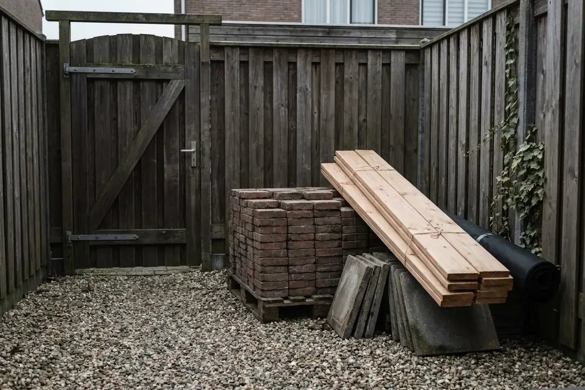 Pallet met klinkers, een bundel schuttingplanken, grijze tegels en een rol worteldoek naast een tuinpoort