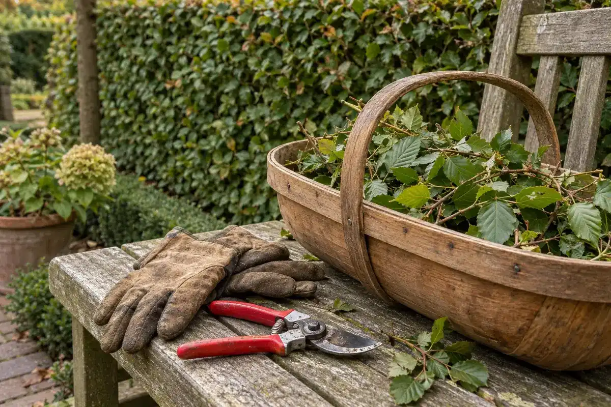 Snoeischaar en werkhandschoenen op een houten tuinbank, naast een mand met vers snoeisel van de haag