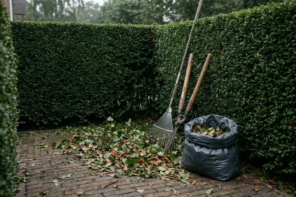 Strak geknipte beukenhaag met een hark en een heggenschaar ertegenaan en snoeisel op het klinkerpad