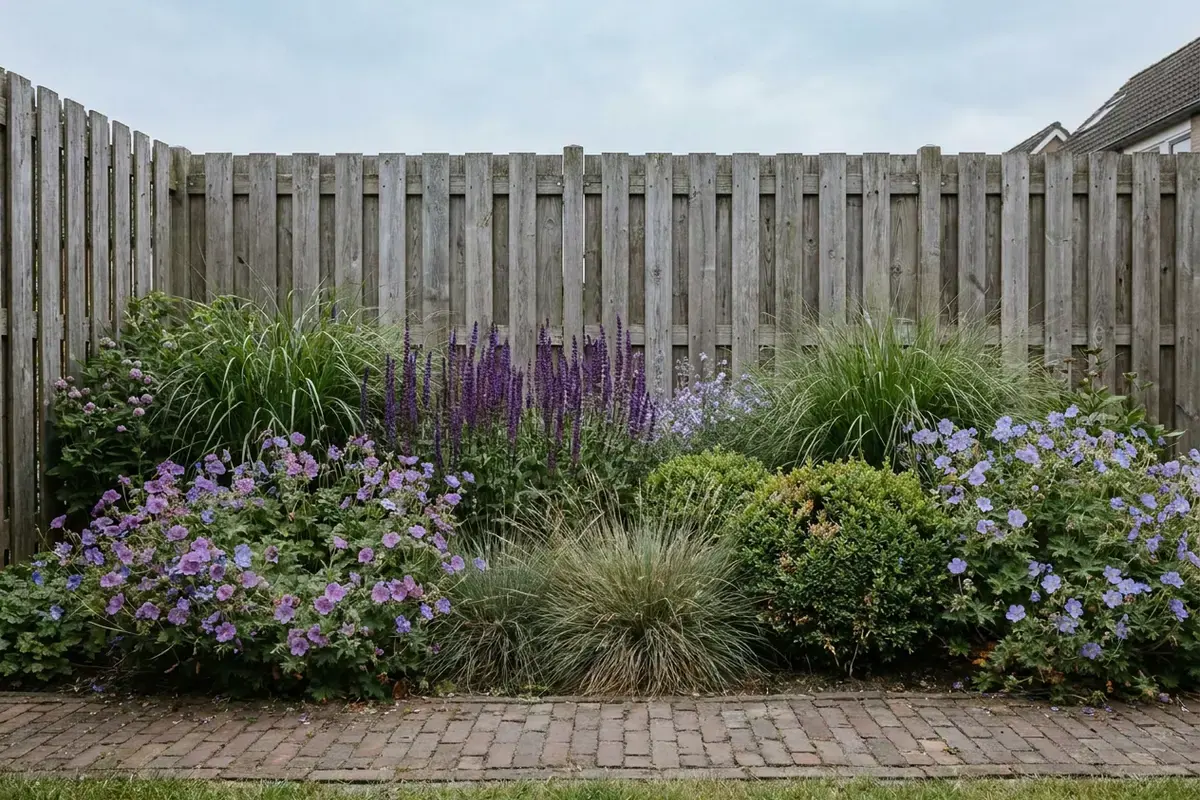 Border met ooievaarsbek, salie, siergras en een buxusbol tegen een grijze schutting