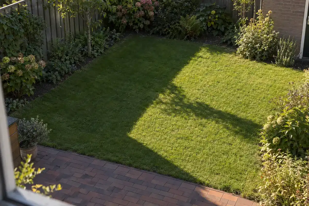 Achtertuin van bovenaf gezien, met de scherpe schaduwrand van het huis schuin over het gazon: de ene helft in de zon, de andere in de schaduw