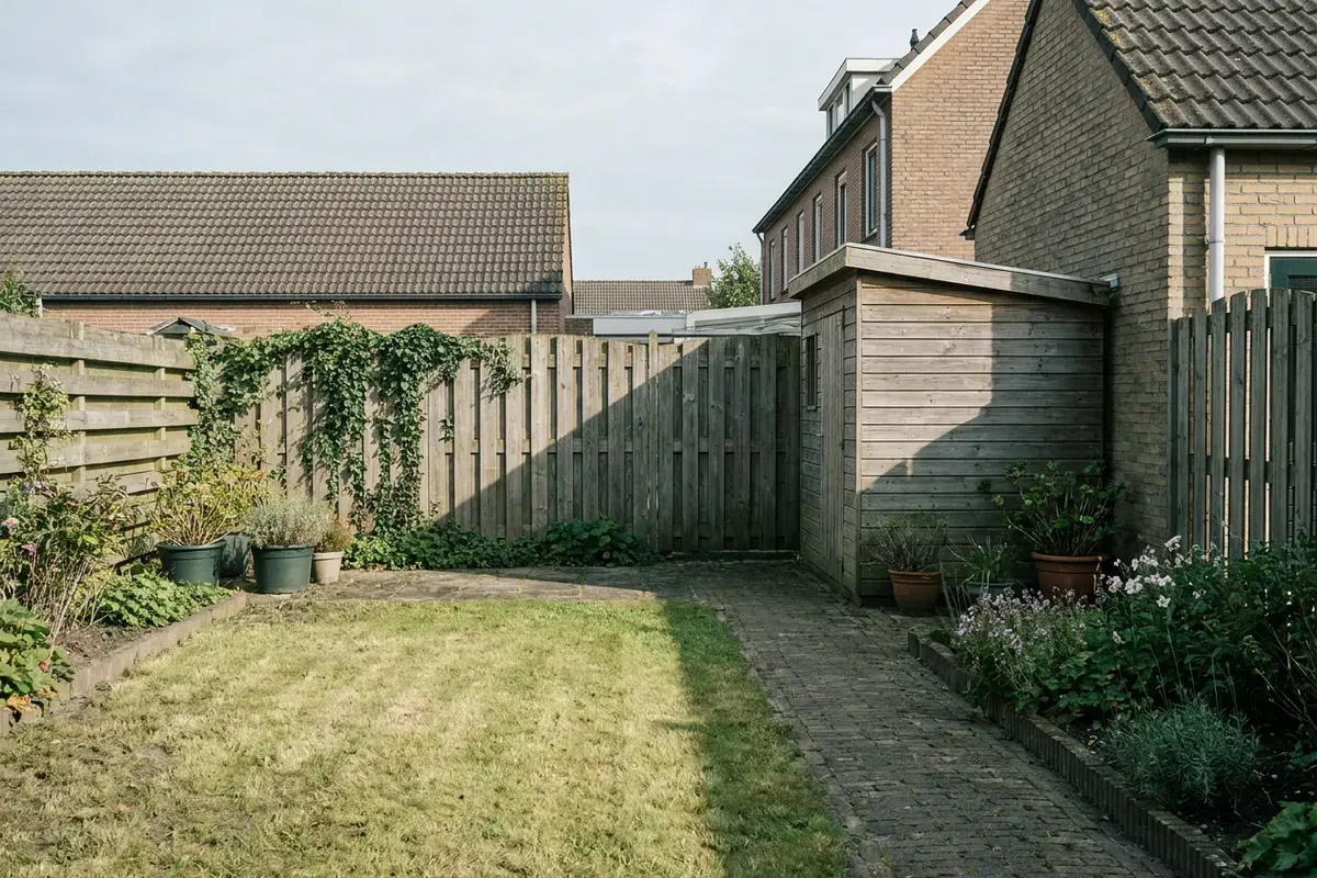 Schaduw van een schuur en een buurhuis die schuin over een gazon en een klinkerpad valt