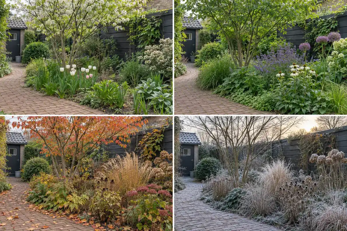 Dezelfde plek in een tuin vier keer: in het voorjaar in bloei, vol in de zomer, in herfstkleur en berijpt in de winter