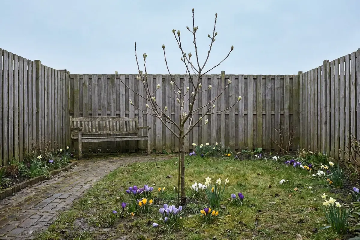Kale jonge appelboom in knop boven een gazon met krokussen en narcissen, met een houten bank