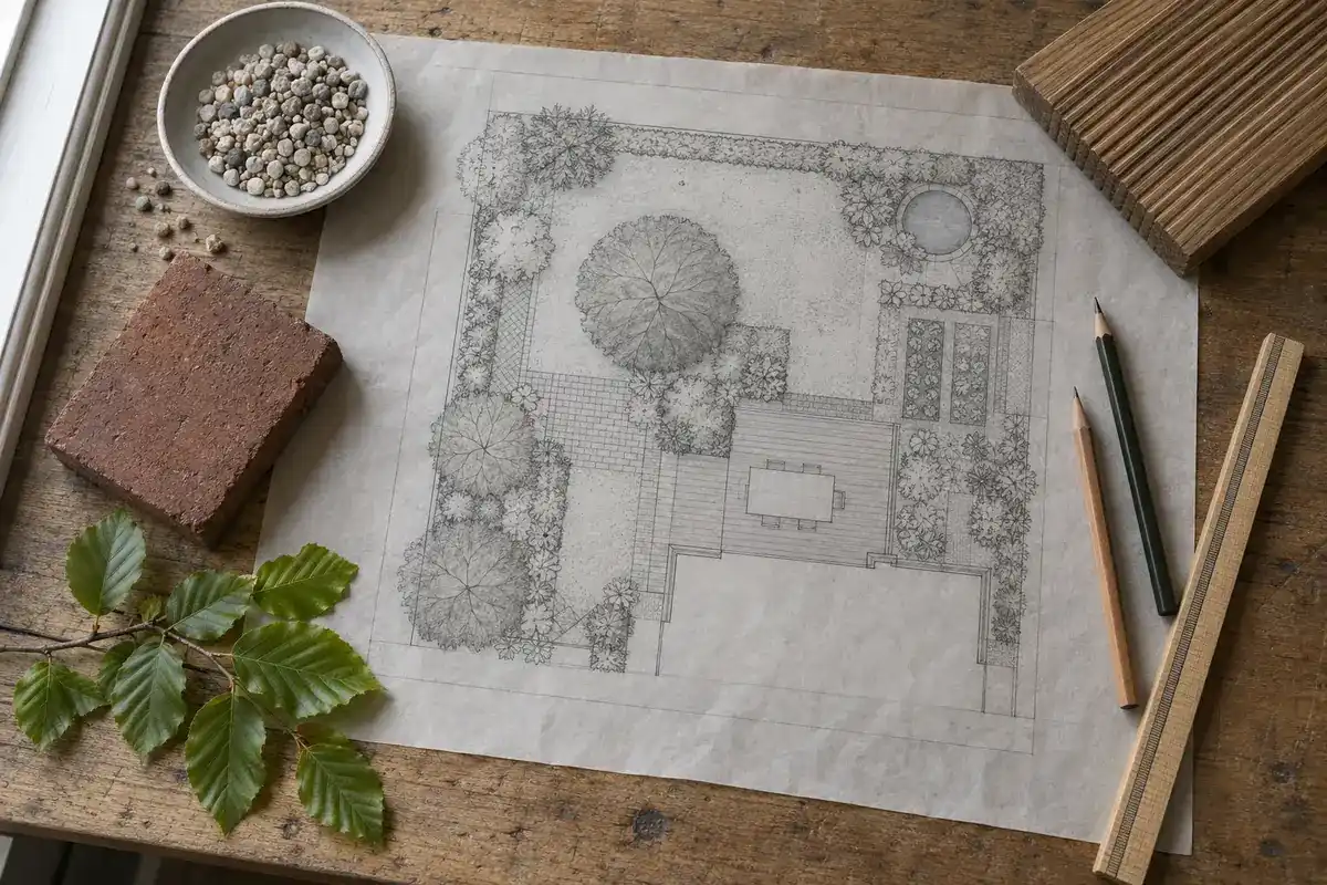 Getekend tuinplan op calqueerpapier op een houten werktafel, met een gebakken klinker, een schaaltje grind, een stuk vlonderhout en een takje beukenblad