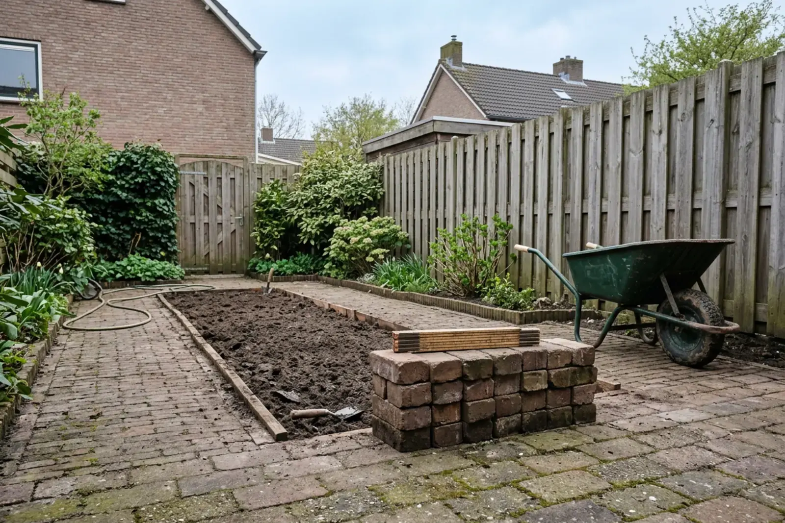 Nederlandse achtertuin halverwege een verbouwing, met een omgespitte strook grond, een stapel nieuwe klinkers en een kruiwagen tegen de schutting