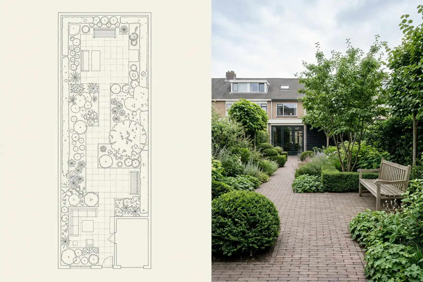 Links de plattegrond van een lange smalle achtertuin met terras, pad en borders, rechts diezelfde tuin aangelegd achter een Nederlands rijtjeshuis