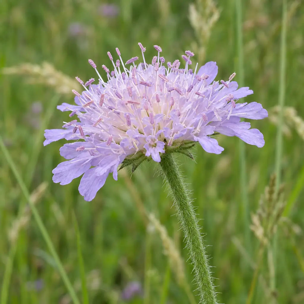 Eén open bloemhoofdje van beemdkroon, plat en licht blauwpaars, met grotere bloemetjes aan de rand en lange roze meeldraden, op een behaarde steel