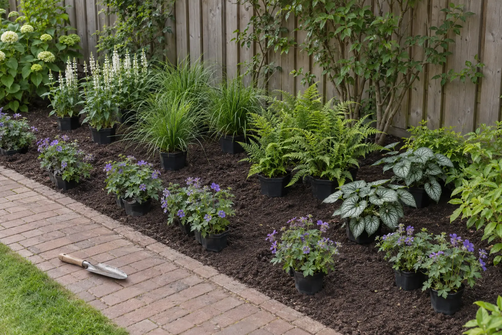 Pas geharkte border langs een schutting met vaste planten nog in pot: paarse ooievaarsbek vooraan, brunnera, varens en siergras erachter, een plantschepje op het pad