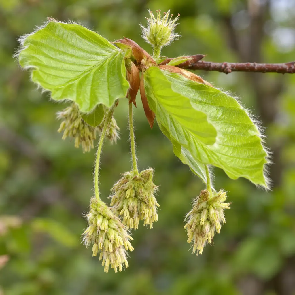 Jonge scheut van de beuk begin mei met hangende gele bolletjes mannelijke bloemen en bovenaan een klein behaard vrouwelijk bloempje, tussen zacht behaard jong blad