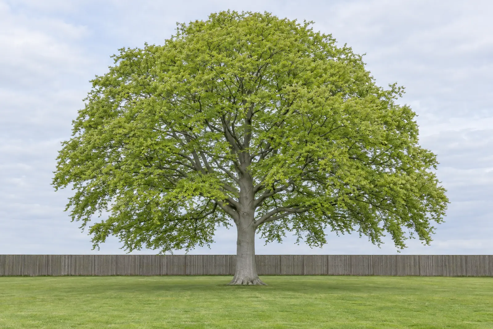 Eén beuk als losse boom op een gazon voor een houten schutting, begin mei, met een gladde grijze stam en een brede kroon in fris jong blad