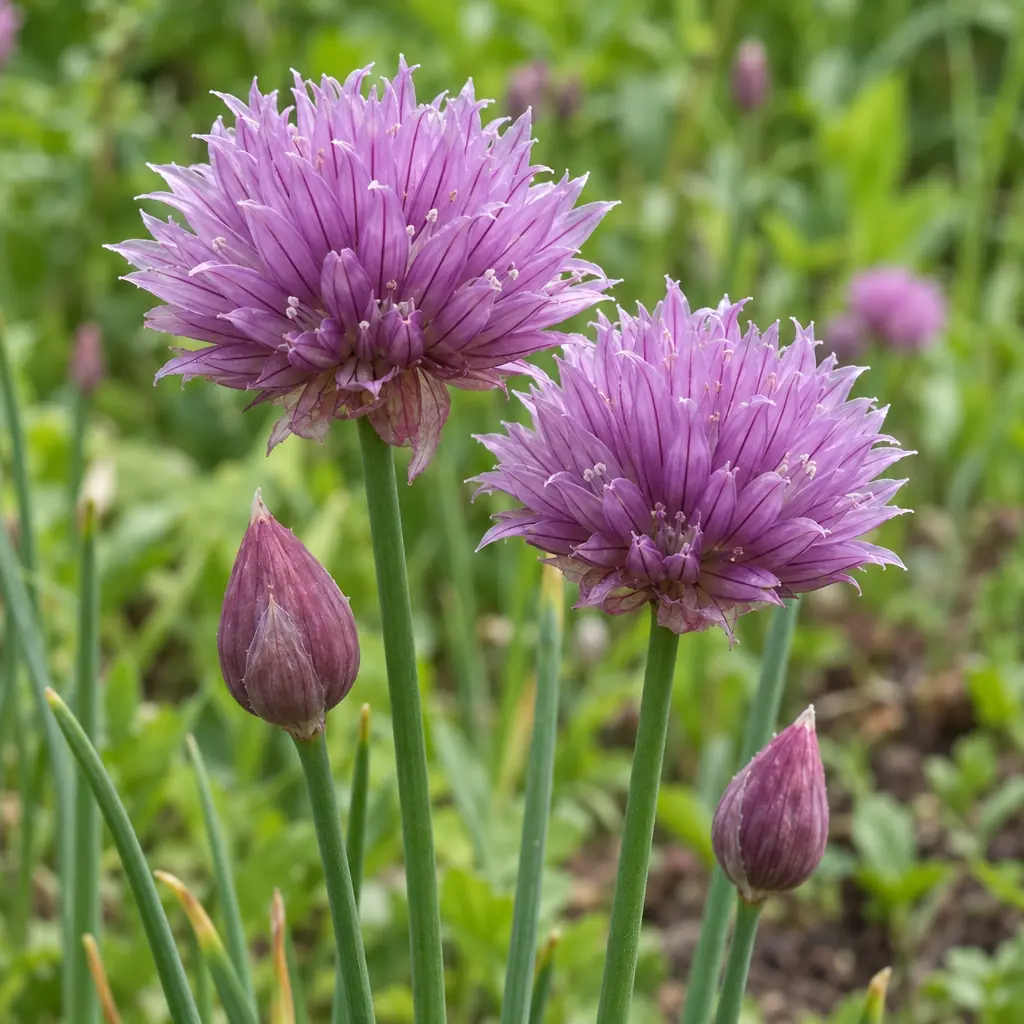 Twee open bloemhoofdjes van bieslook eind mei: dichte, ronde bollen van smalle lila klokjes op kale, ronde stengels, met twee gesloten knoppen ernaast