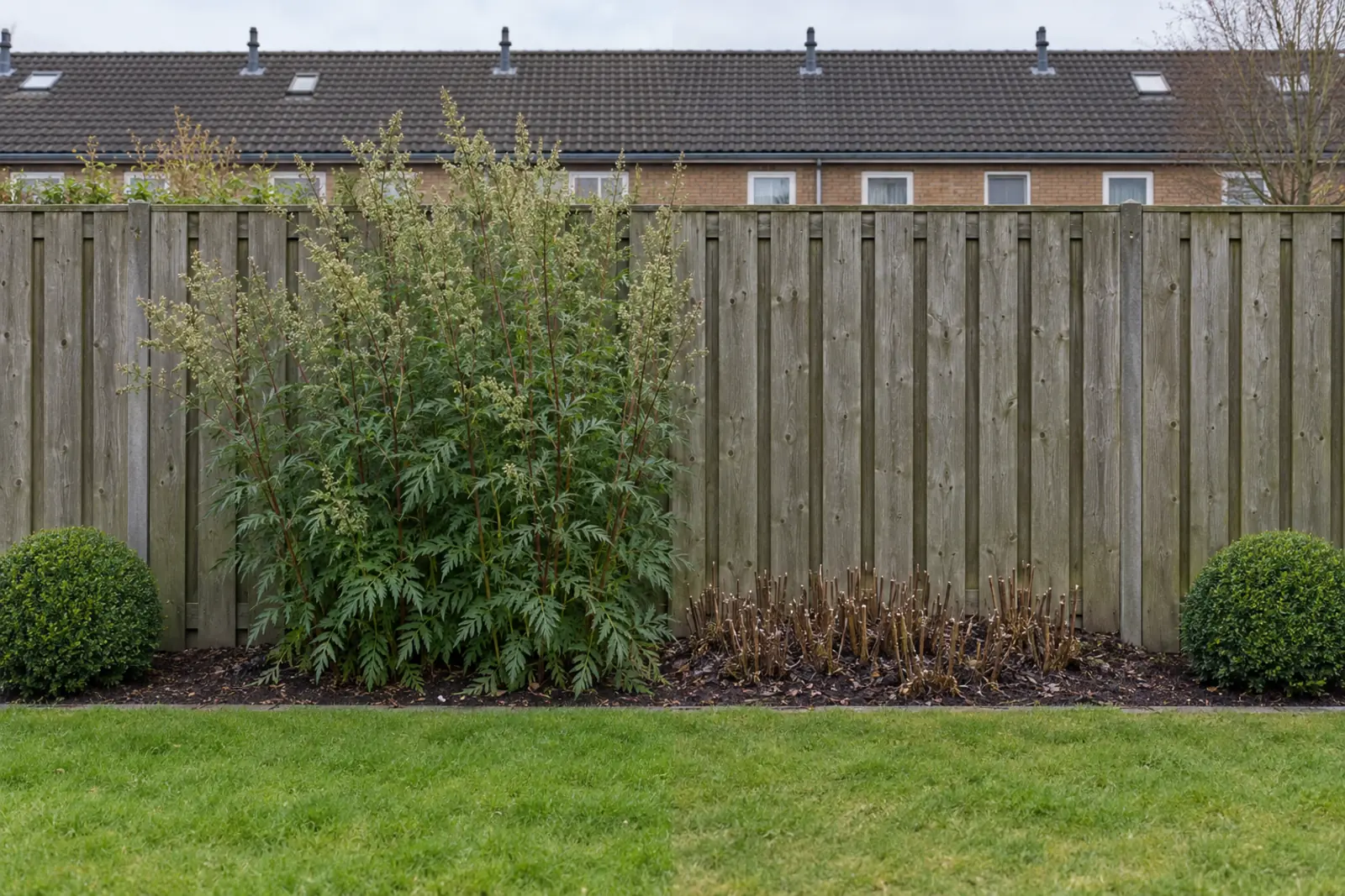 Een border voor een houten schutting in twee helften: links in augustus een brede pol bloeiende bijvoet, rechts dezelfde border in januari met korte afgeknipte stengels, met aan beide uiteinden een buxusbol