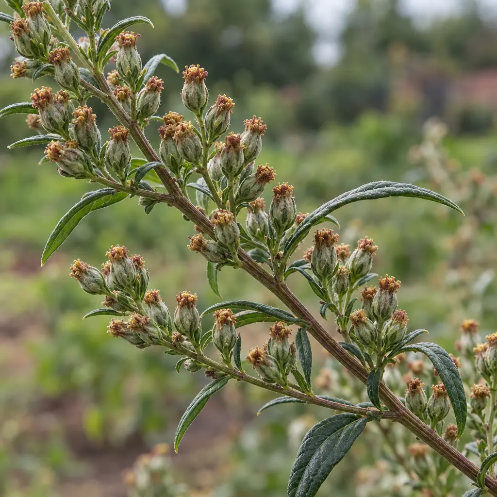 Bloeiende zijtak van bijvoet in augustus, met trosjes piepkleine eivormige bloemhoofdjes in grijsgroene omhulsels en roodbruine bloempjes