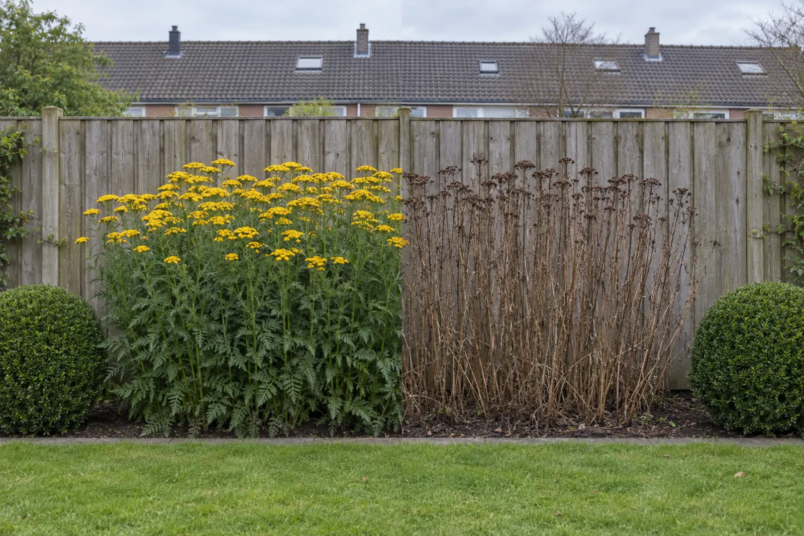 Een border voor een houten schutting in twee helften: links in augustus een brede pol bloeiend boerenwormkruid met gele knoopjes, rechts dezelfde border in januari met alleen droge bruine stengels en uitgebloeide hoofdjes, met aan beide uiteinden een buxusbol