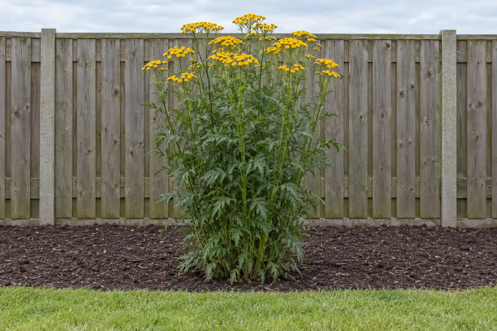 Eén pol boerenwormkruid alleen in een leeg bed voor een houten schutting, in augustus, met stijve rechte stengels, donkergroen varenachtig blad en platte schermen van gele knoopjes