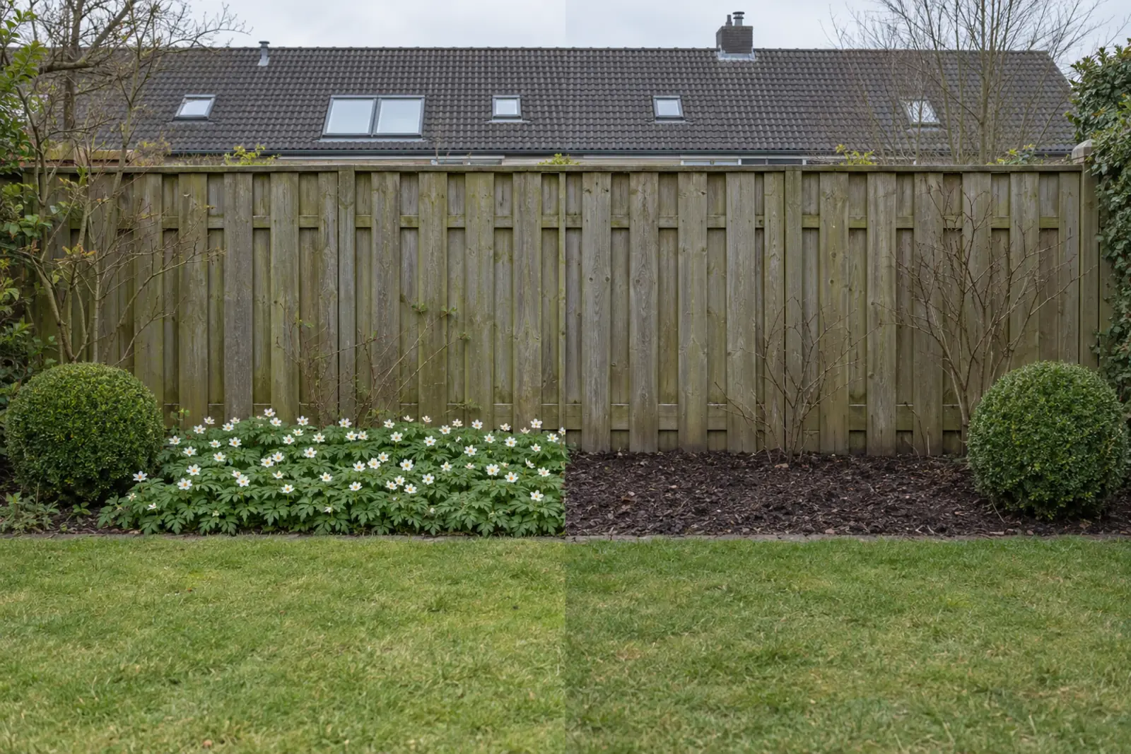 Een border voor een houten schutting in twee helften: links in april een tapijt bosanemoon met witte bloemen naast een buxusbol, rechts in januari kale grond met houtsnippers naast een tweede buxusbol