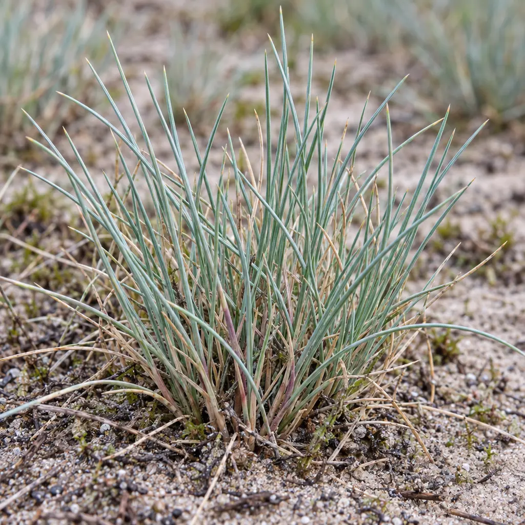 Een jonge pol buntgras op kaal zand met stijve, naalddunne, blauwgrijze bladeren met een scherpe punt, aan de voet paarsroze, zonder pluimen