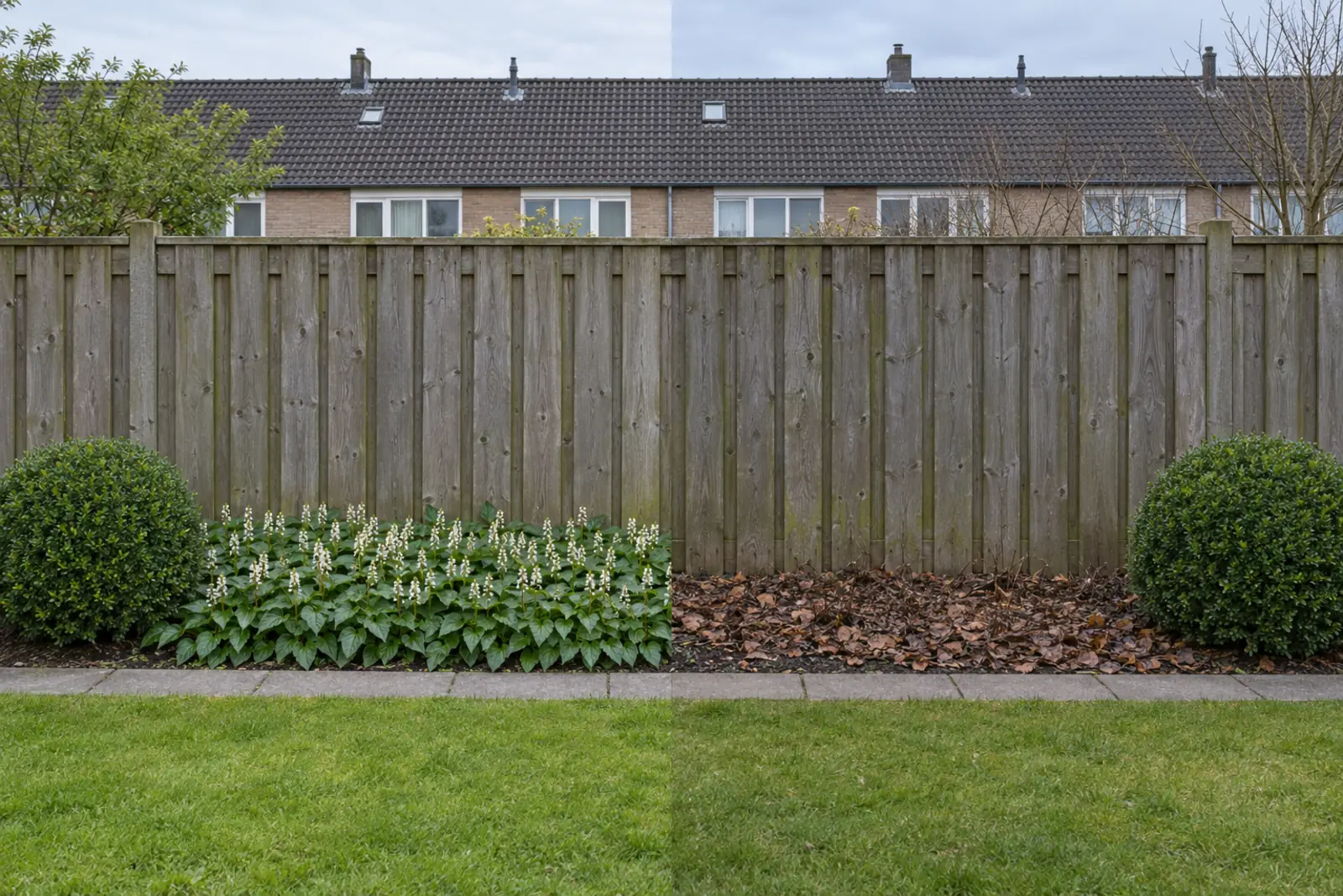 Een schaduwborder voor een houten schutting in twee helften: links in mei een lage groep bloeiend dalkruid naast een buxusbol, rechts in januari alleen afgevallen blad op de grond