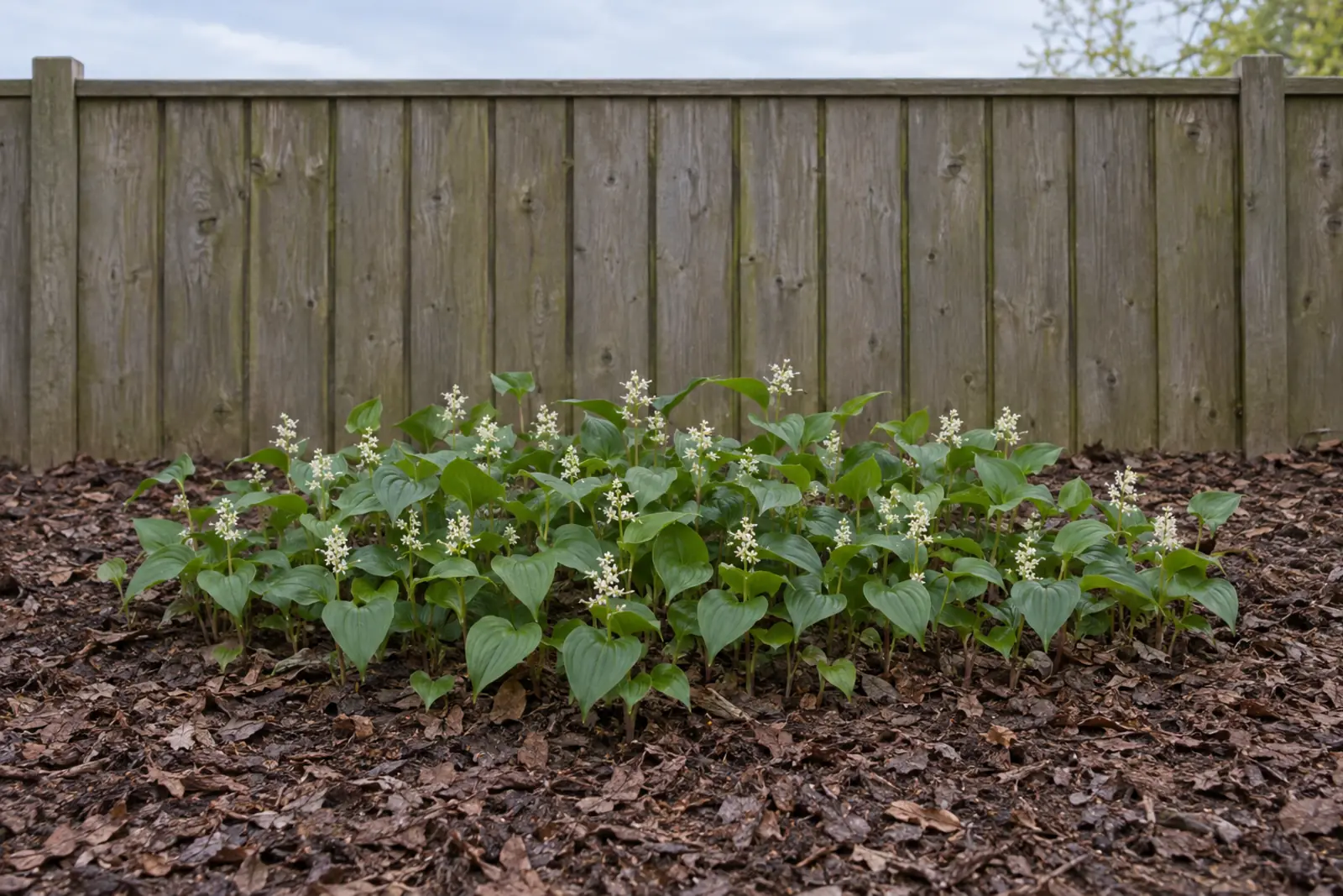 Eén lage groep dalkruid in een leeg bed met houtsnippers voor een houten schutting, eind mei, met hartvormig blad en trosjes witte sterretjes