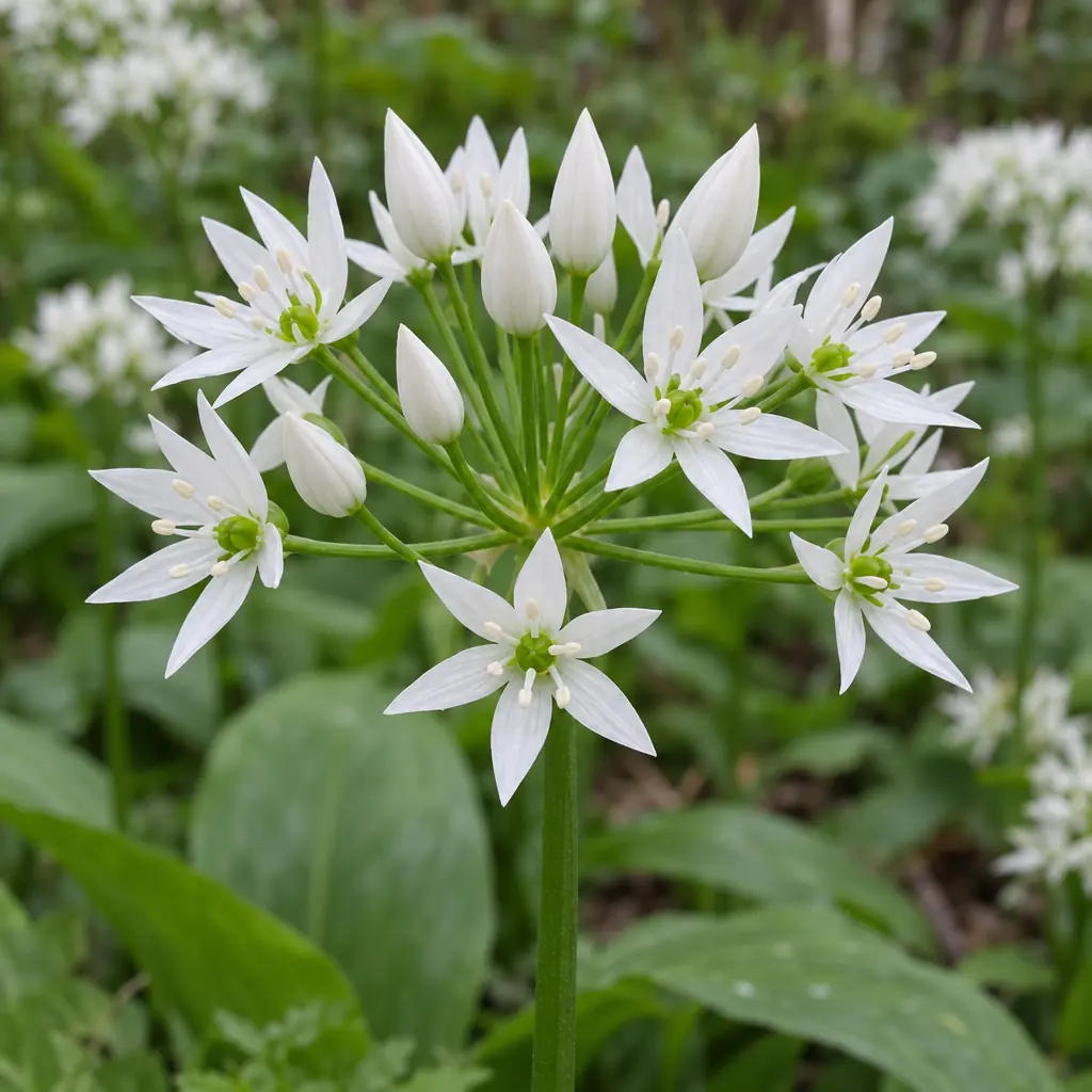 Eén bloeiend scherm van daslook in mei: een los bolletje van open witte sterbloemen op dunne steeltjes, met een paar witte knoppen