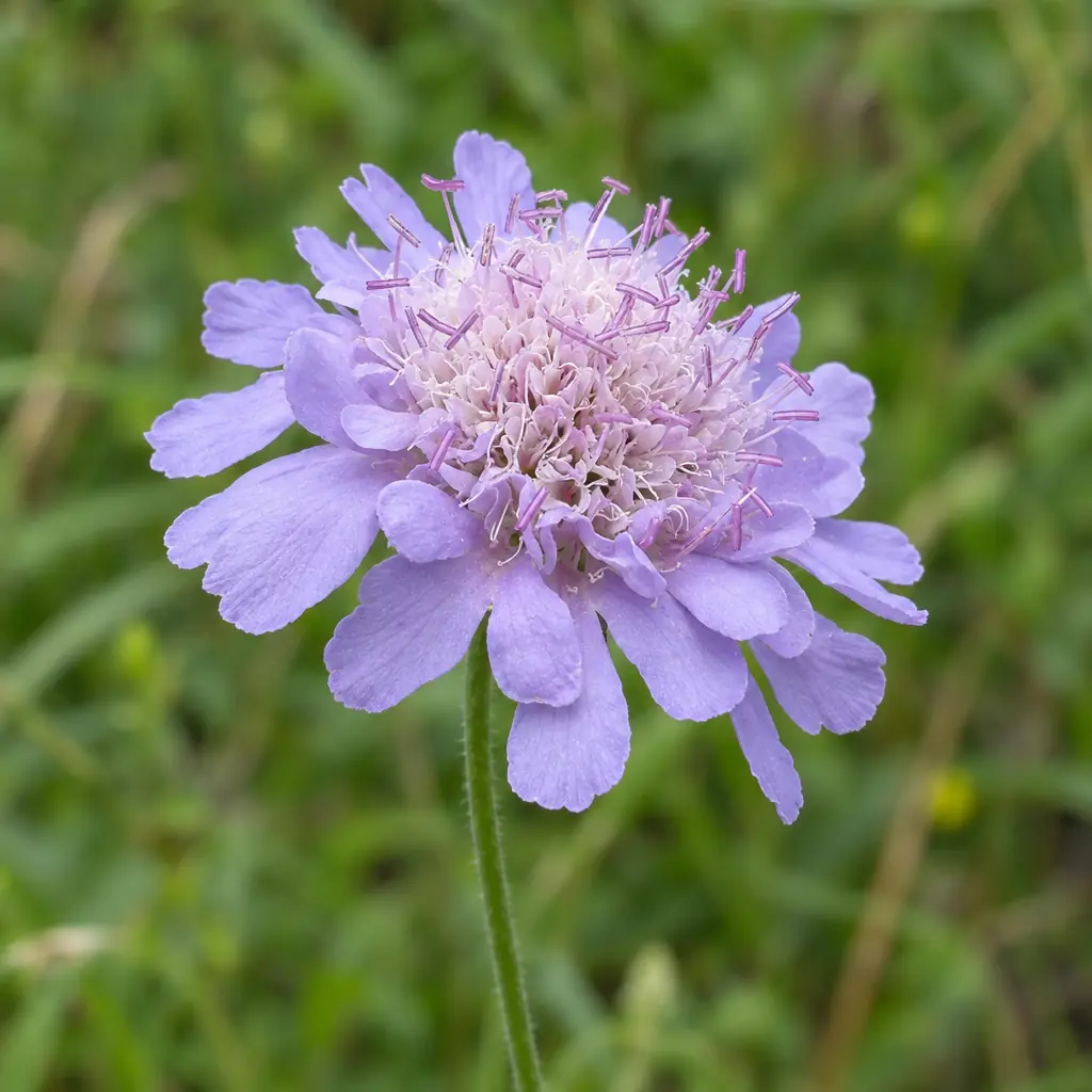 Eén open bloemhoofdje van duifkruid, vrij plat en licht lilablauw, met grotere randbloemen en roze meeldraden op een dunne steel