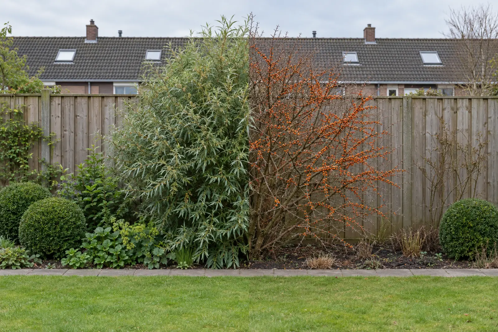 Eén border voor een houten schutting met een duindoorn in het midden: links in mei vol smal blad, rechts dezelfde struik in januari kaal met oranje bessen, met buxusbollen aan beide uiteinden