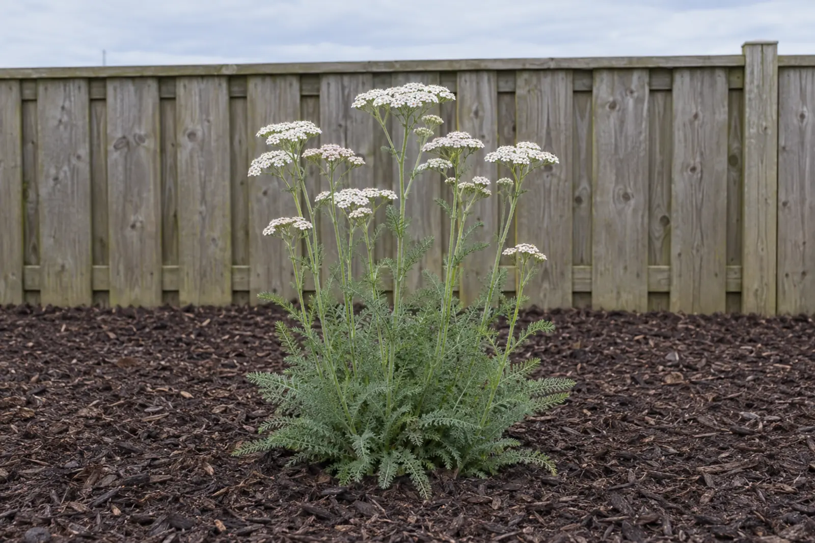 Eén pol wild duizendblad alleen in een leeg bed met houtsnippers voor een houten schutting, in juli, met veerachtig grijsgroen blad en platte witte bloemtrossen