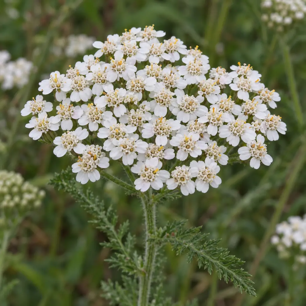 Eén platte bloemtros van duizendblad met veel kleine witte bloemhoofdjes met een geelwit hartje, op een behaarde stengel met veerachtig blad