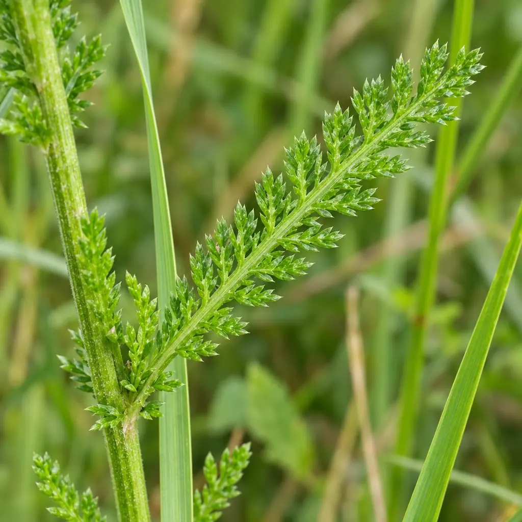 Een smal blad van duizendblad aan een rechte stengel, met veel korte, fijn ingesneden slipjes, zodat het blad op een veertje lijkt