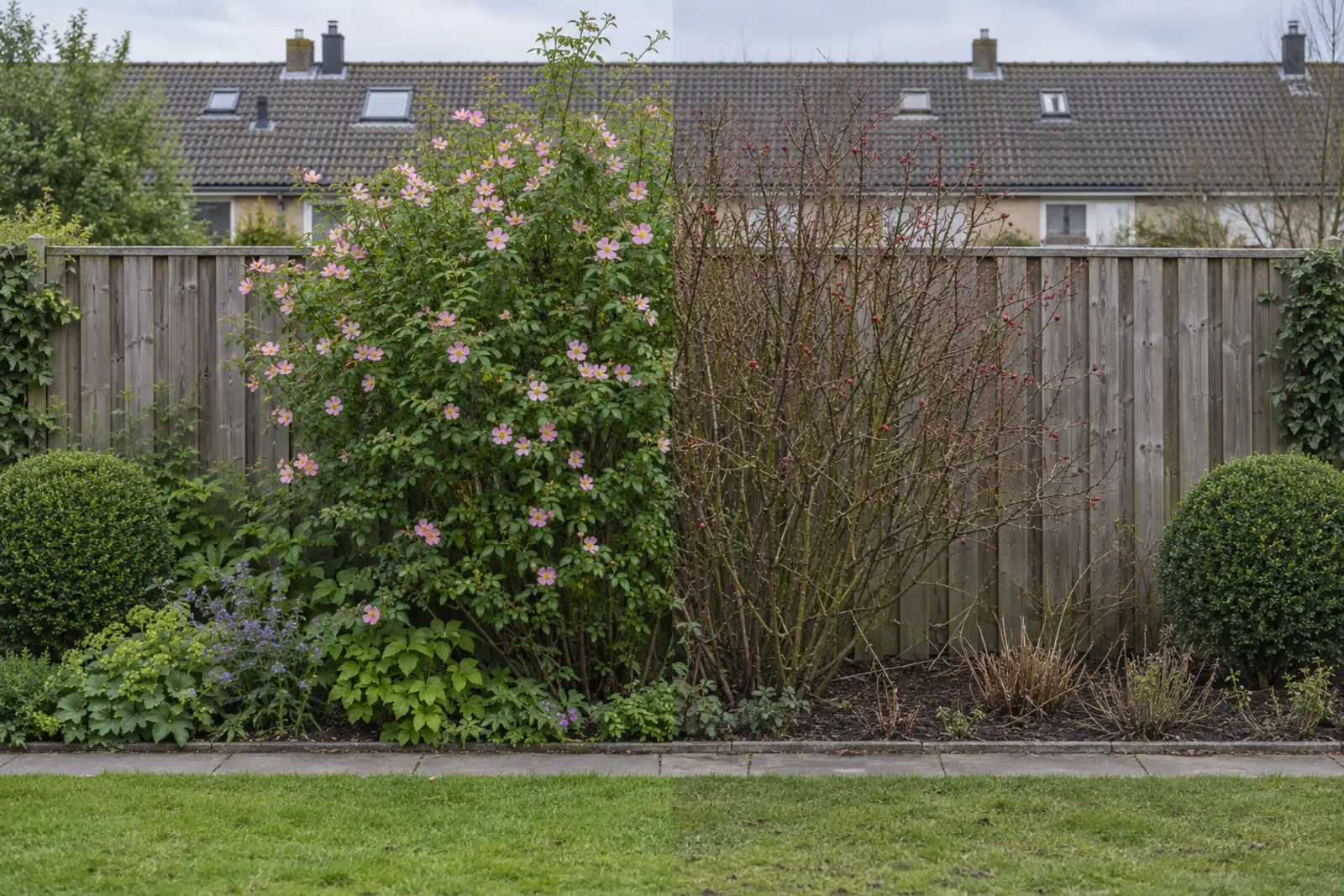 Eén border voor een houten schutting met een egelantier in het midden: links in juni vol blad en roze bloemen, rechts dezelfde struik in januari kaal met rode bottels, met een buxusbol aan elk uiteinde