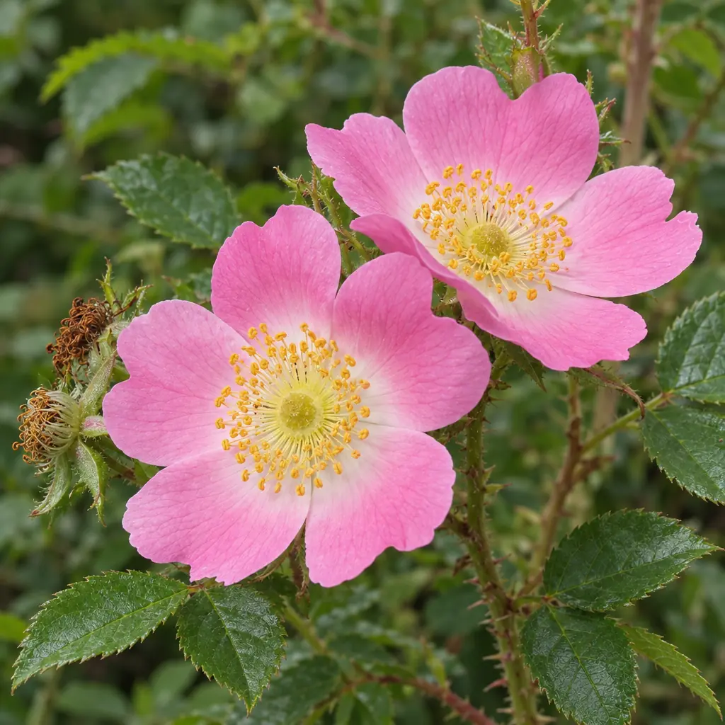 Twee roze bloemen van de egelantier met vijf kroonblaadjes, een licht hart en gele meeldraden