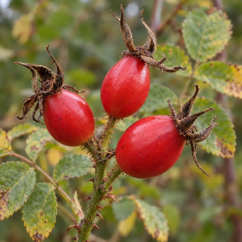 Tak van de egelantier in oktober met eivormige rode bottels, bekroond door rechtopstaande kelkblaadjes