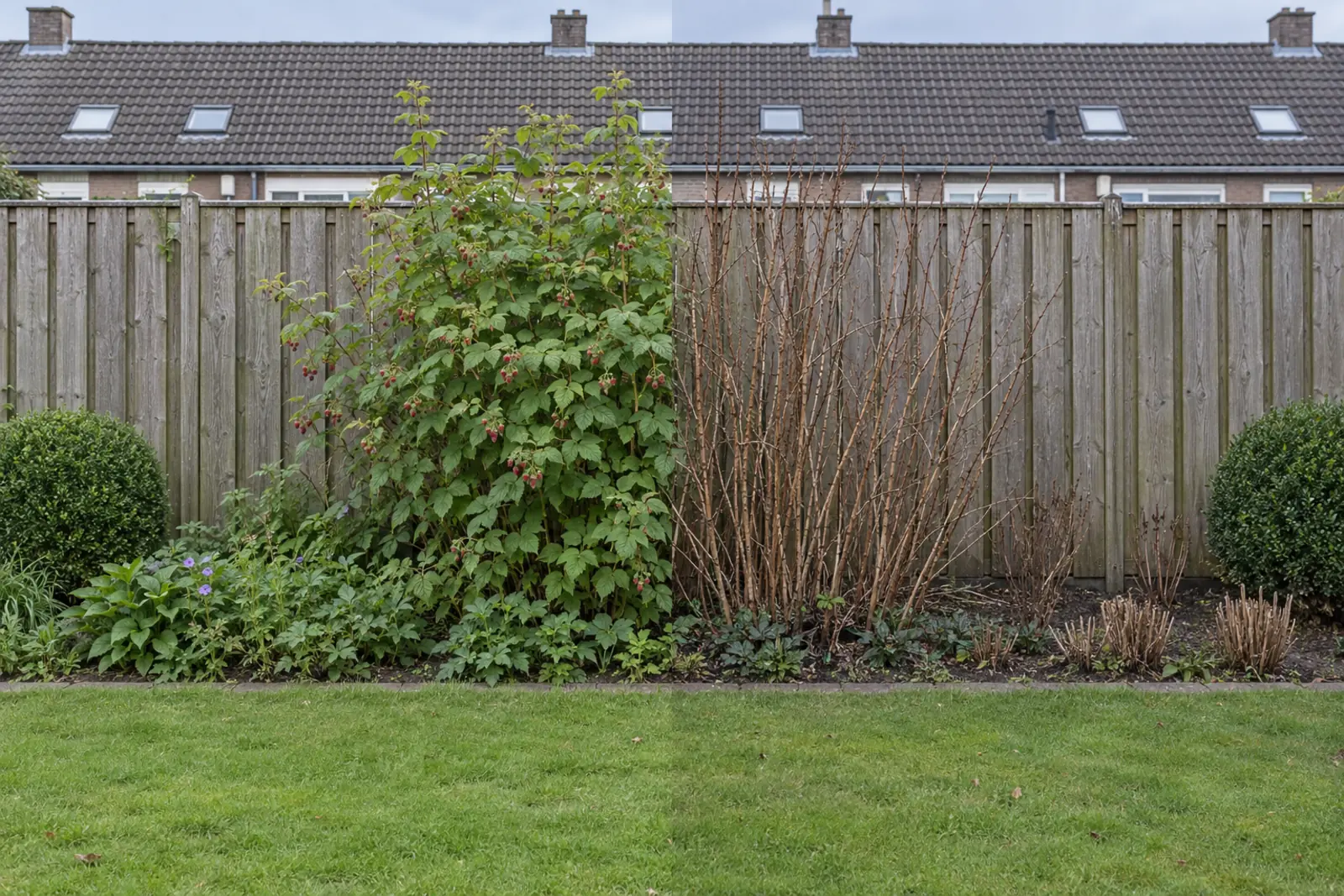 Eén border voor een houten schutting met een frambozenpol in het midden: links in juli vol blad en rode vruchten, rechts dezelfde pol in januari als kale lichtbruine stengels, met een buxusbol aan elk uiteinde