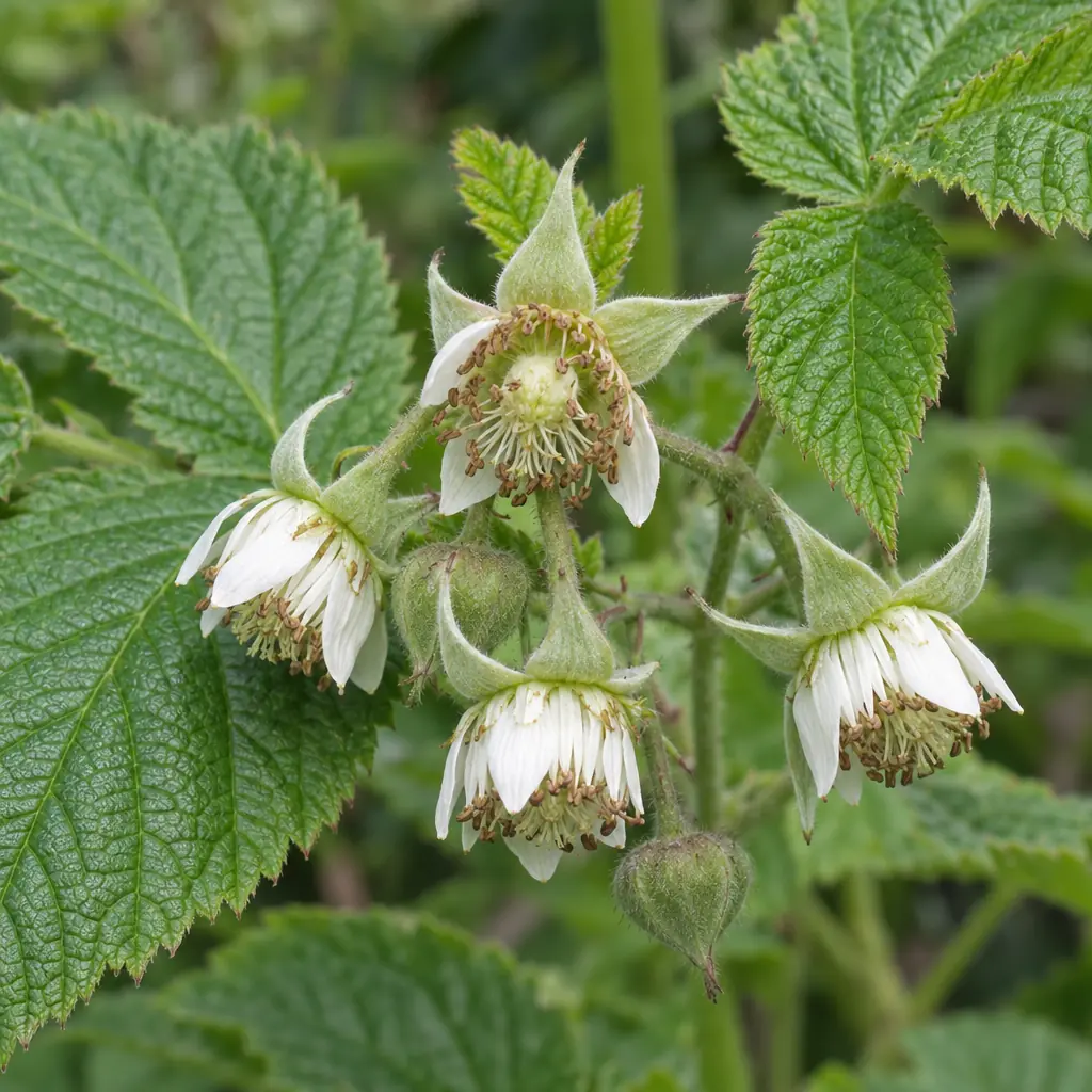 Kleine knikkende witte bloemen van de framboos in juni, met smalle kroonblaadjes en teruggebogen grijsgroene kelkblaadjes