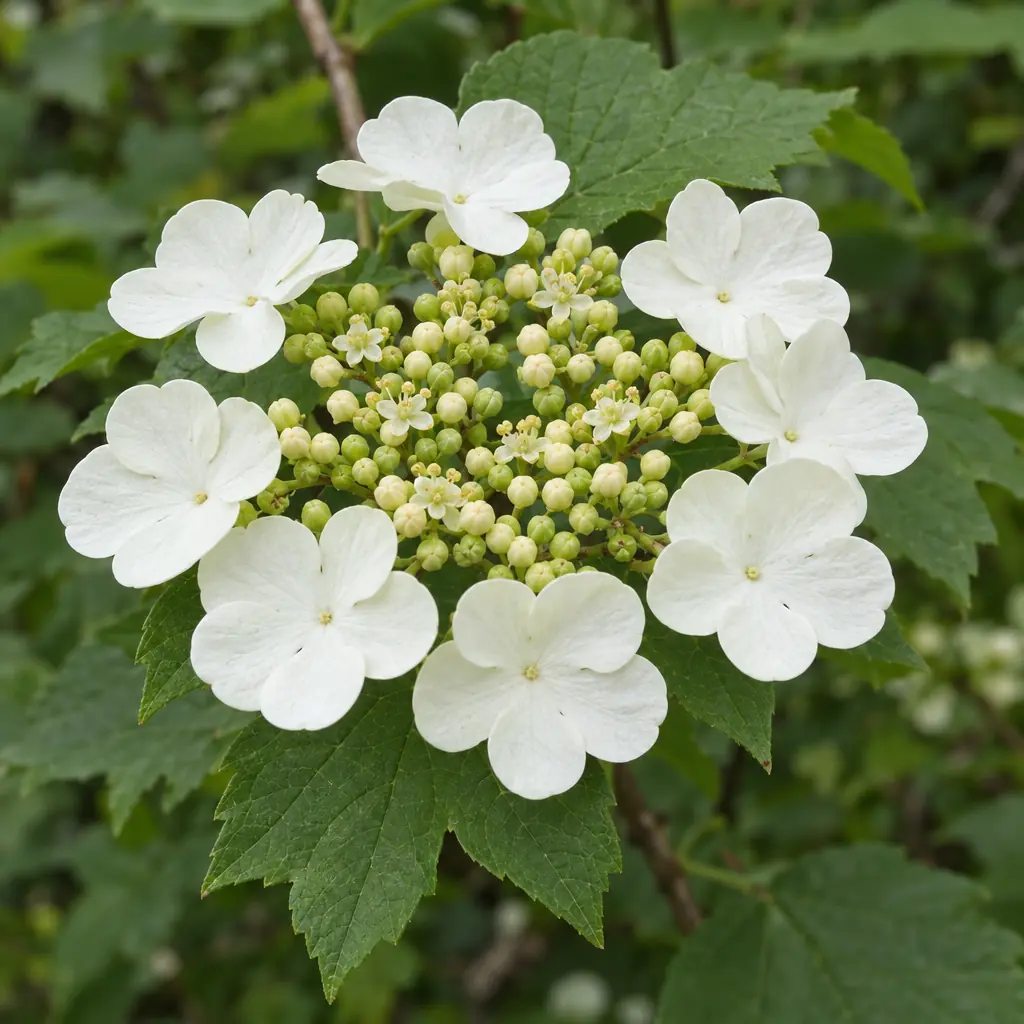 A flat guelder rose flower head: green buds in the middle, with a ring of large white flowers around them