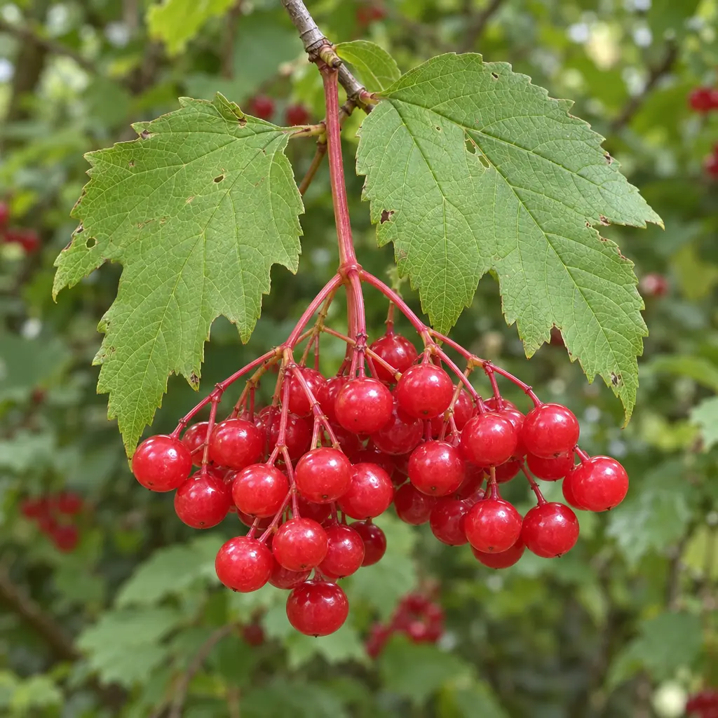 A hanging bunch of glossy red guelder rose berries on red stalks, with two toothed leaves behind it