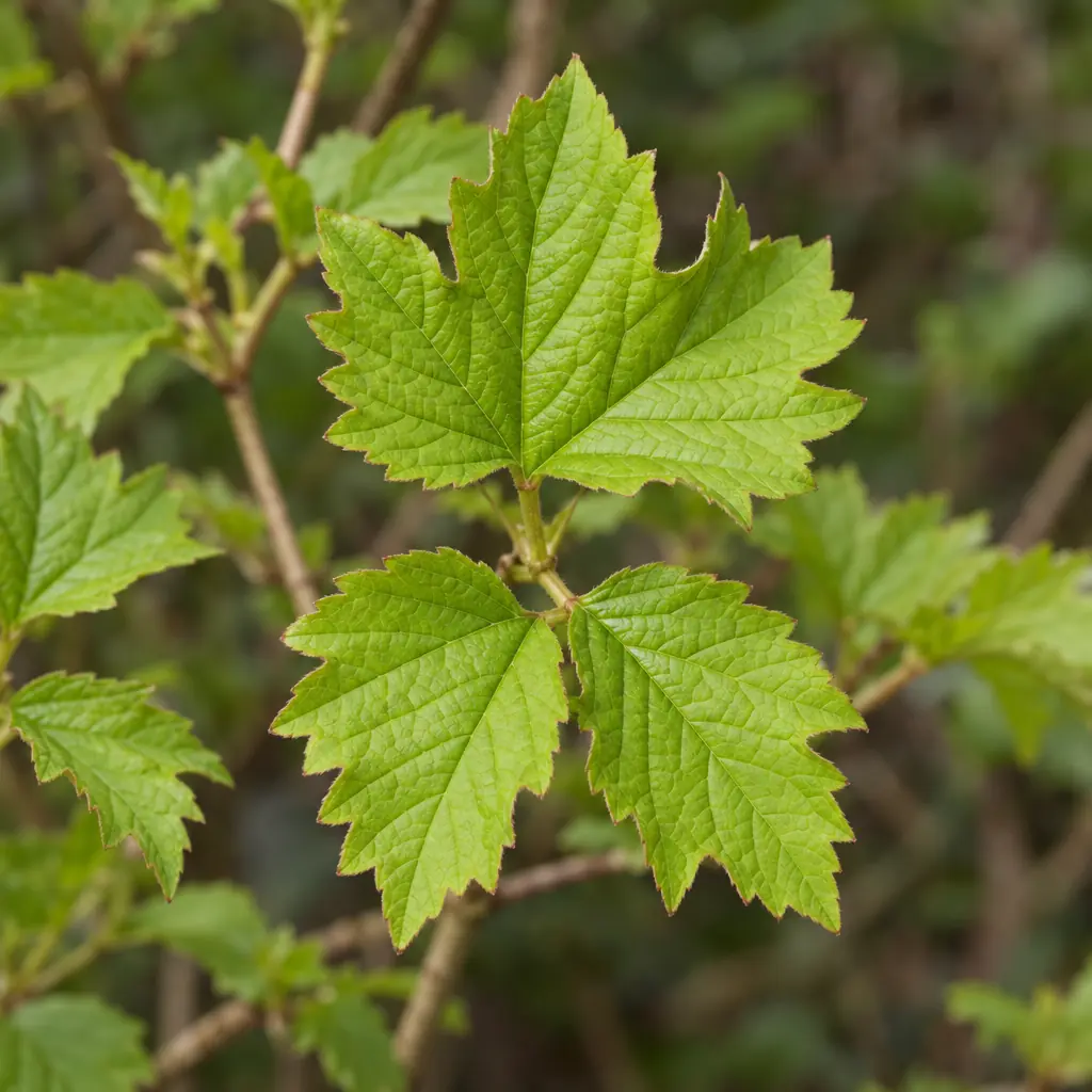 A young guelder rose shoot with three-lobed, coarsely toothed light green leaves