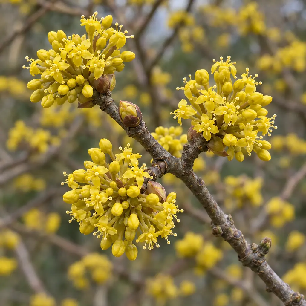 Kale twijg van de gele kornoelje met bolletjes van kleine gele bloemetjes met vier kroonblaadjes, zonder blad
