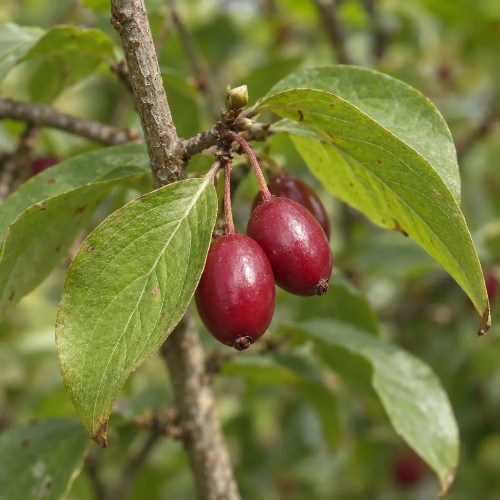 Eivormige, glanzend rode vruchten van de gele kornoelje aan korte steeltjes tussen groene bladeren, in september