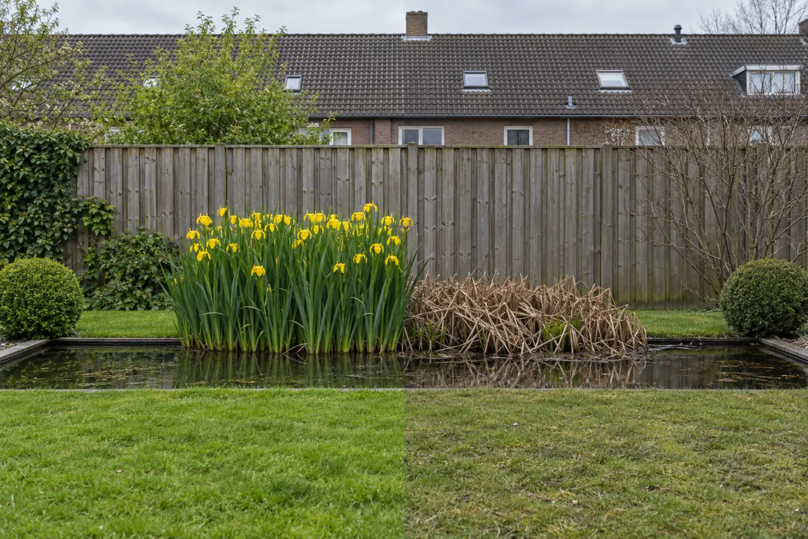 Een vijver voor een houten schutting in twee helften: links in mei een brede pol gele lis vol gele bloemen, rechts dezelfde plek in januari met een lage bult bruin, geknakt blad, en een buxusbol aan elk uiteinde