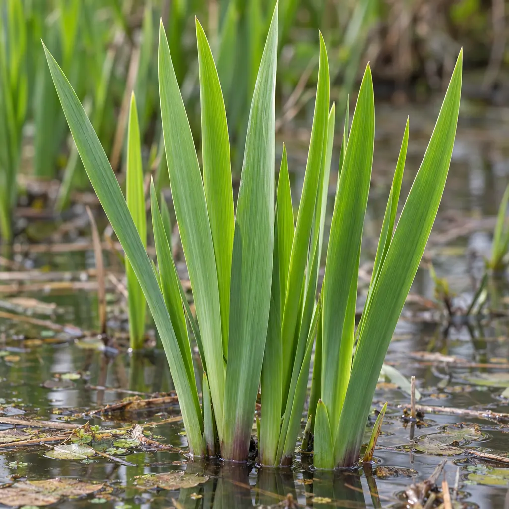 Een waaier jonge, zwaardvormige bladeren van gele lis die rechtop uit ondiep water steken, grijsgroen en onderaan paarsig